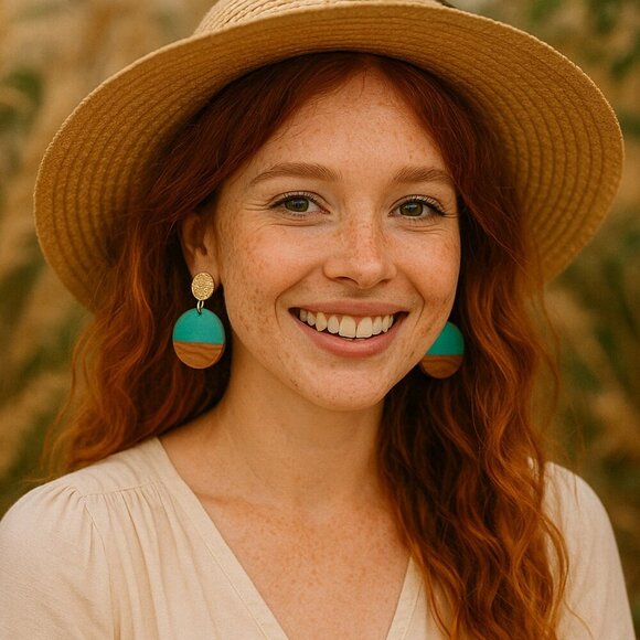 Boho Chic Turquoise Resin And Wood Drop Earrings Casual Elegant Trendy Design - Picture 9 of 12